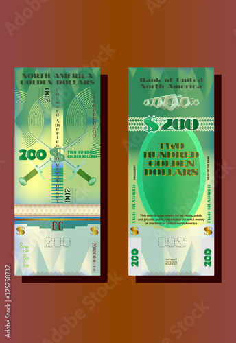 A fictional paper money project of the Bank of United North America with a face value of 200 golden dollars. Part ten EPS10
