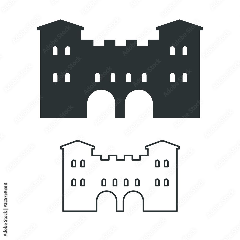 Medieval fort linear icon. Castle symbol. 