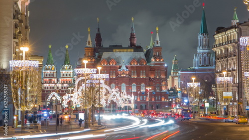 Tverskaya Street timelapse with Wineglass-shaped Street Lamps in Winter Season at frosty night. Moscow, Russia