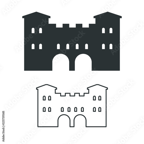 Medieval fort linear icon. Castle symbol. 