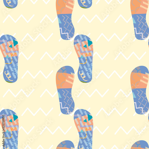 Flip flop shoe vector seamless pattern background. Modern Memphis style sandals on zig zag motif backdrop. Geometric design. Hot summer beach illustration all over print for vacation resort concept.