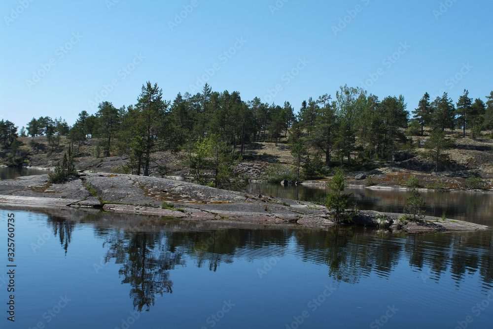 Travel to Russia. Ladoga skerries- hiking on the lake. Nature landscape- national park