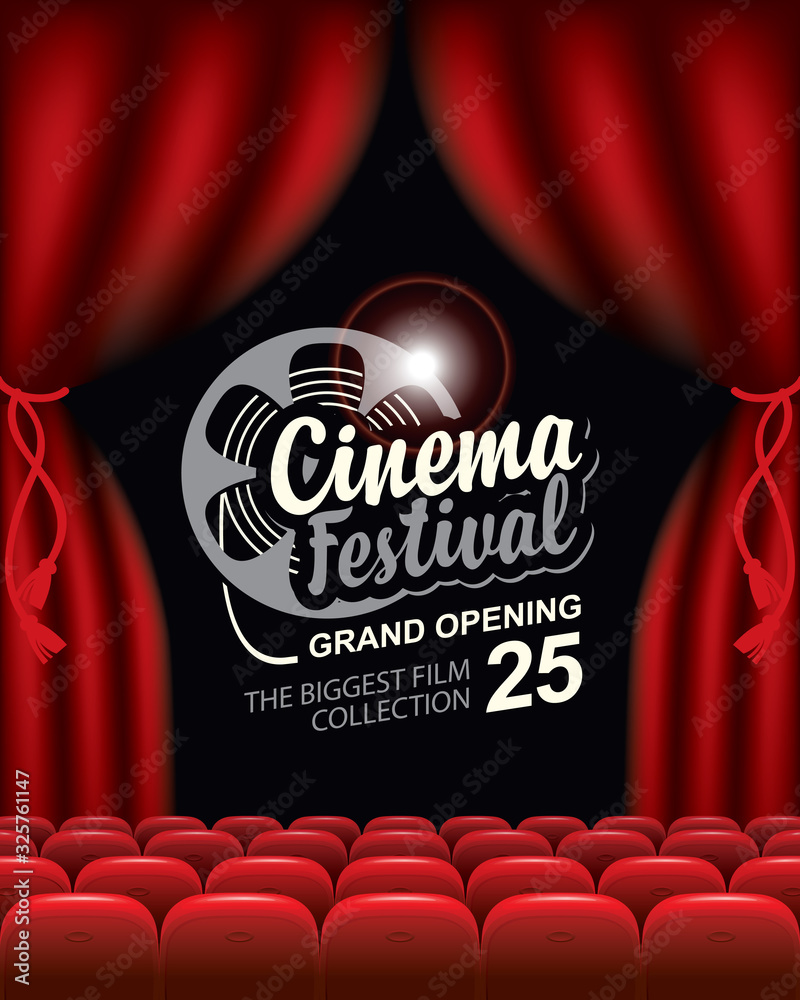 Vector banner for cinema festival with calligraphic inscription and film  strip reel. Cinema hall with big screen, red curtains and seats. Empty movie  theatre. Poster design for concert, theater, event Stock Vector