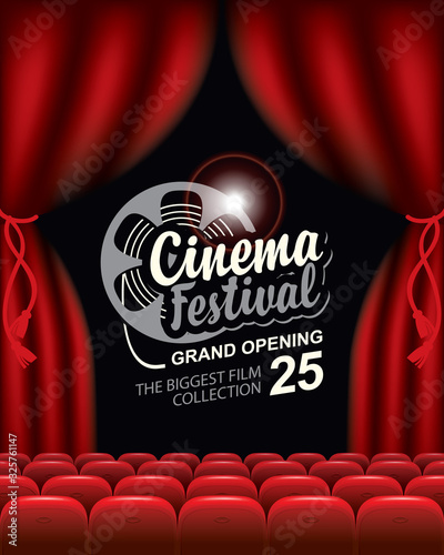 Vector banner for cinema festival with calligraphic inscription and film strip reel. Cinema hall with big screen, red curtains and seats. Empty movie theatre. Poster design for concert, theater, event