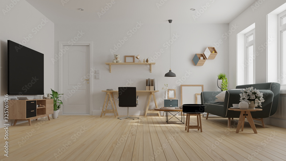 Fototapeta premium Interior poster mock up living room with colorful white sofa. 3D rendering.