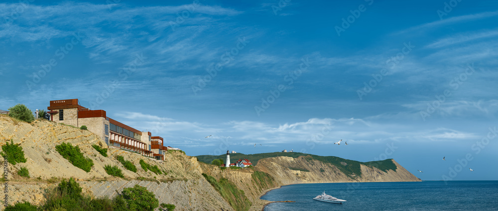 Panorama of the high coast in clear weather near the black sea