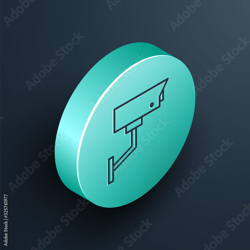 Isometric line Security camera icon isolated on black background. Turquoise circle button. Vector Illustration