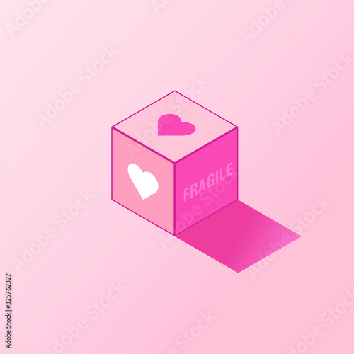 Isometric illustration with a pink shaded cube with a heart on it's sides and a text "Fragile".