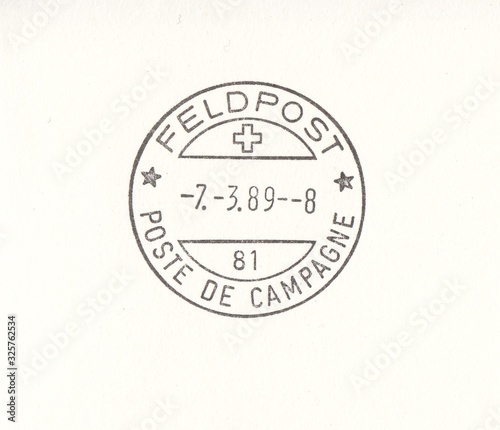 Postmark Swiss Field Post, on white background, stamp Switzerland 1989