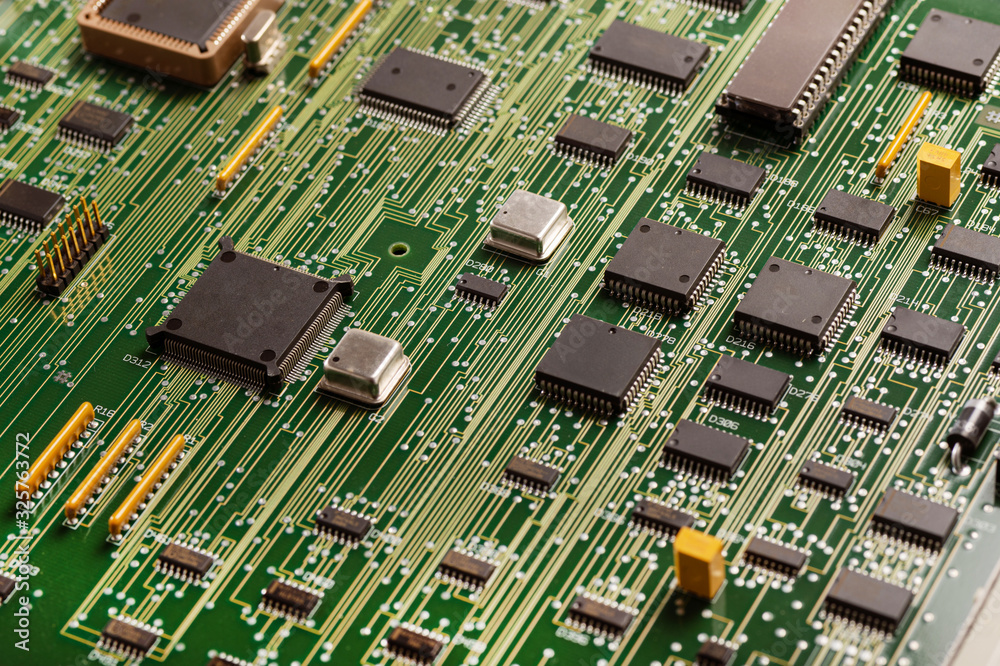 Circuit board. Electronic computer hardware technology. Motherboard digital chip. Information engineering component.