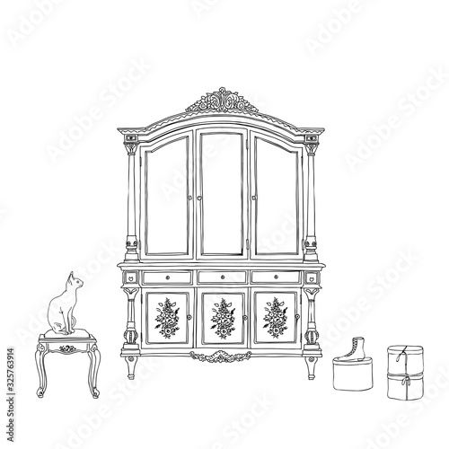 Interior with vintage wardrobe , Shoe boxes and cat,hand sketch with contour lines. Vector illustration