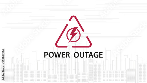 Power outage, warning red line sign with triangular icon of electricity and line silhouette of city on background, white illustration