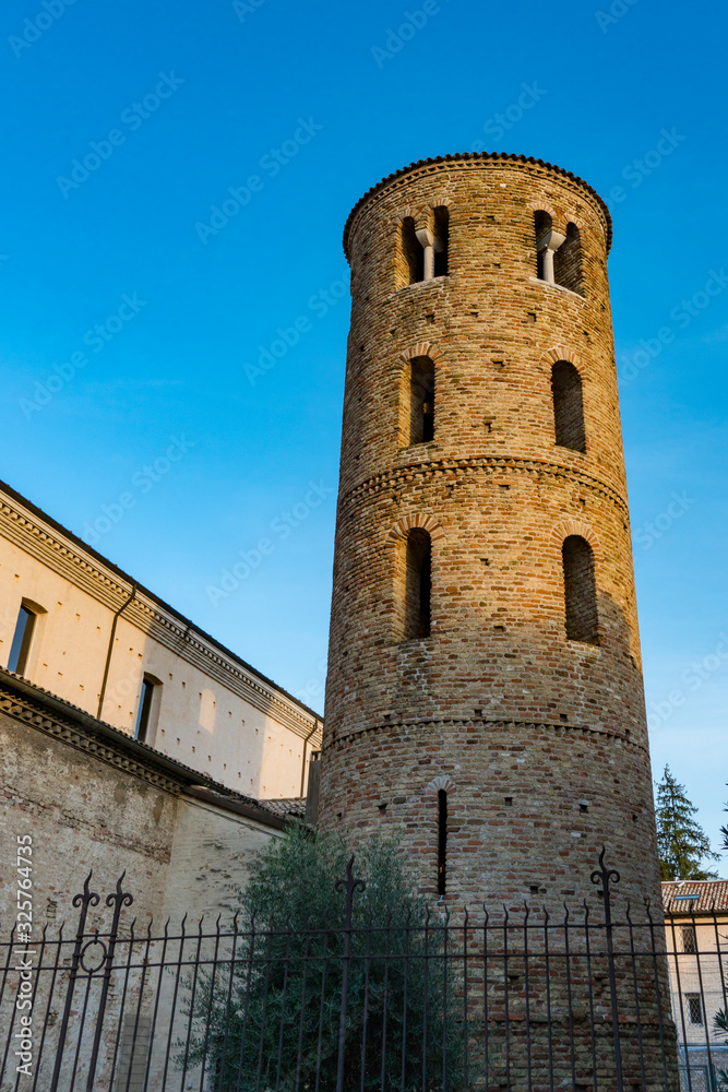 Tower of Santa Maria Maggiore Church with campanile in Ravenna, Italy