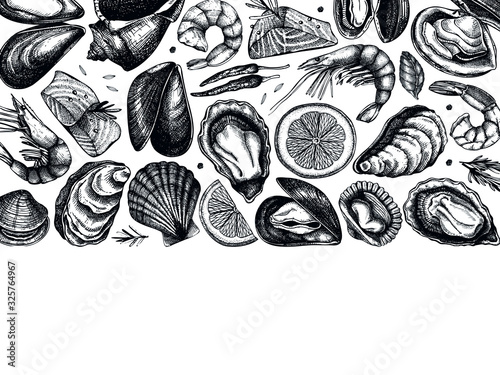 Hand drawn Seafood vector design. With fresh fish, lobster, crab, shellfish, squid, caviar,shrimps. Vintage sea food sketches menu template