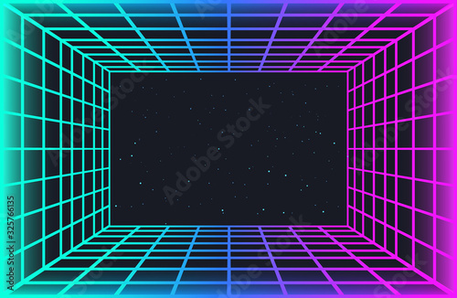 Vaporwave retro futuristic background. Abstract laser grid tunnel in neon colors with glow effect. Night sky with stars. Wallpaper for cyberpunk party, music poster, hackathon meeting.