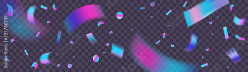 Iridescent neon confetti background, festive banner template for social media network or site header. Holographic foil confetti on transparent dark background.