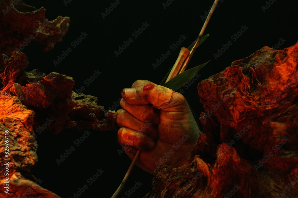 Fototapeta premium A Clenched Fist Holding Bamboo and Leaf, Showing a Dark and Dirty Solidarity Hand Symbol with Injured Fingers, on a Blurred Tree Stump and Texture Wood Background.