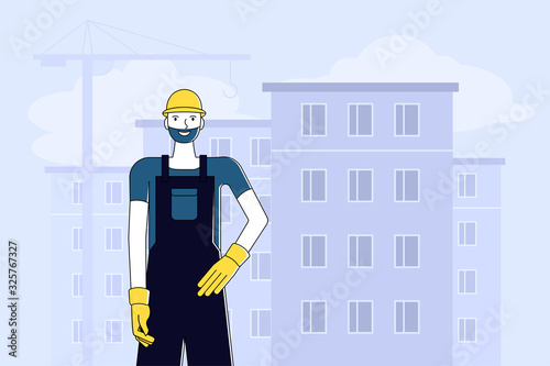 Builder man in yellow safety helmet. Silhouettes of buildings and crane on background. Flat vector illustration.
