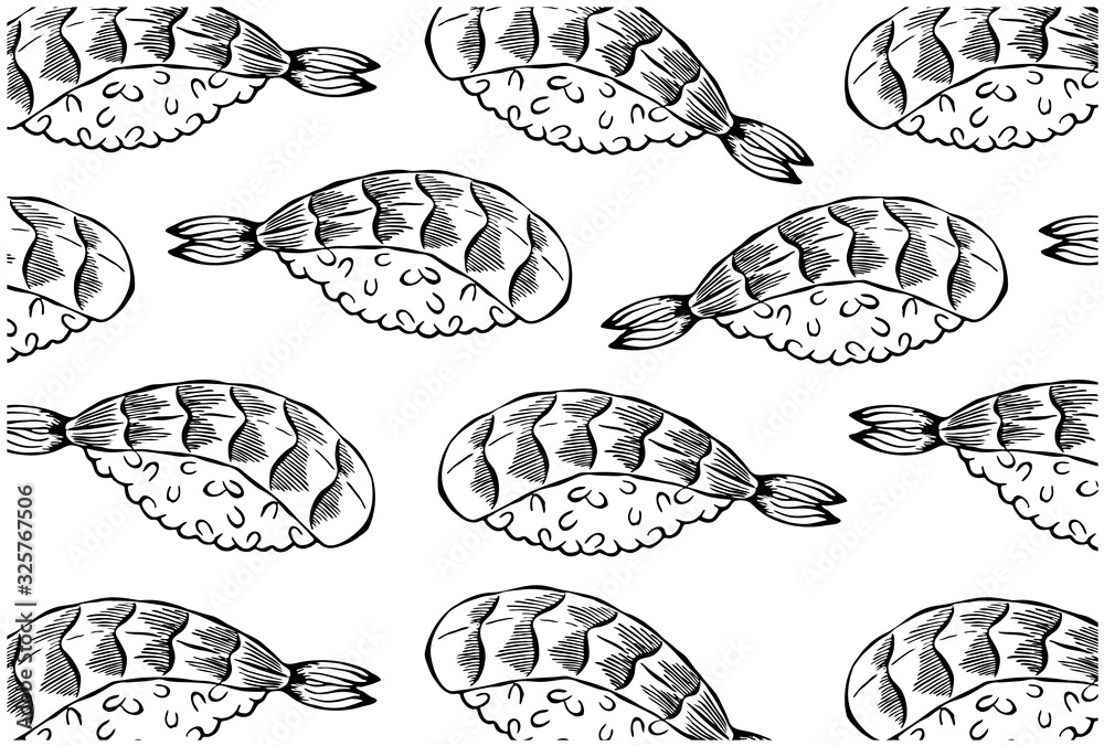 Sketch ink drawing pattern with black japanese sushi with shrimp isolated on white background. Nigiri with rice and prawn. Engraved korean, chinese, asian food for menu, bar, cafe. Vector illustration Sketch ink drawing pattern with black japanese sushi with shrimp isolated on white background. Nigiri with rice and prawn. Engraved korean, chinese, asian food for menu, bar, cafe. Vector illustration
