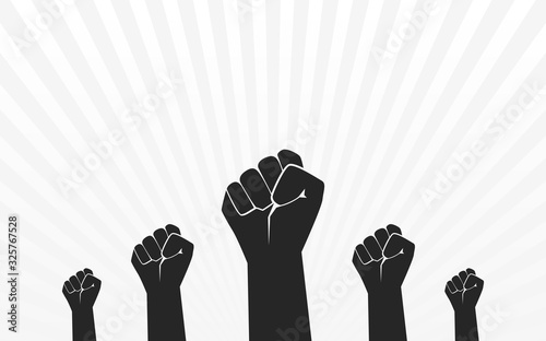 Raised fist hand of crowd protester in flat icon design on white color background