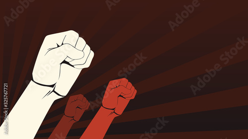 Raised fist hand of crowd protester in flat icon design on red ray color background