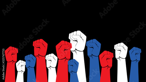 diversity Raised fist hand of protesters crowd in flat icon design on black color background