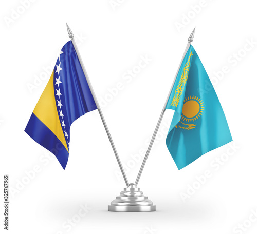 Kazakhstan and Bosnia and Herzegovina table flags isolated on white 3D rendering