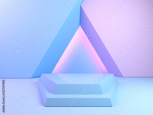 Simple abstract mockup of geometric podium, minimalist composition of shapes and volumes for display stand in pastel blue and pink color, 3d render.
