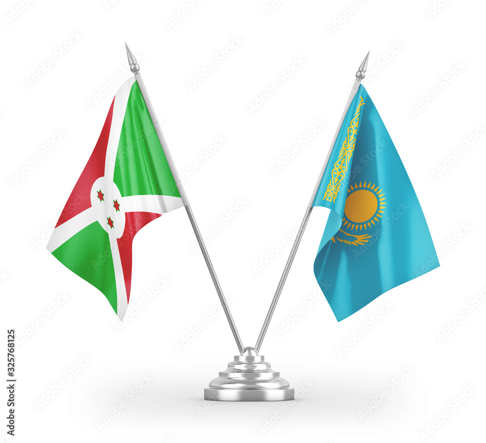 Kazakhstan and Burundi table flags isolated on white 3D rendering