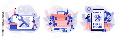 Handyman services. Husband for an hour. Repairman online. Tiny men holding huge Tools. Modern flat cartoon style. Vector illustration on white background