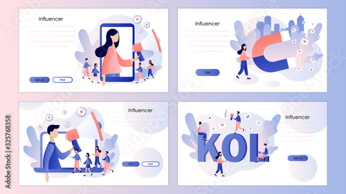 Social media influencer. Key Opinion Leader. Influencer marketing. Screen template for mobile smart phone, landing page, template, ui, web, mobile app, poster,banner. Modern flat cartoon style. Vector
