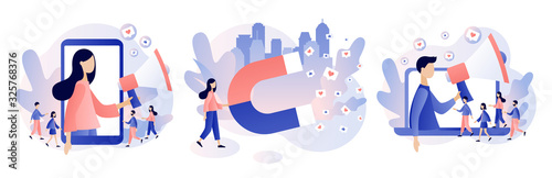 Social media influencer. Key Opinion Leader. Influencer marketing. Tiny people with megaphone and big magnet influencing audiences. Modern flat cartoon style. Vector illustration on white background