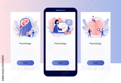 Psychology. Psychologist online. Psychotherapy practice, psychological help, psychiatrist consulting patient. Screen template for mobile smart phone. Modern flat cartoon style. Vector illustration