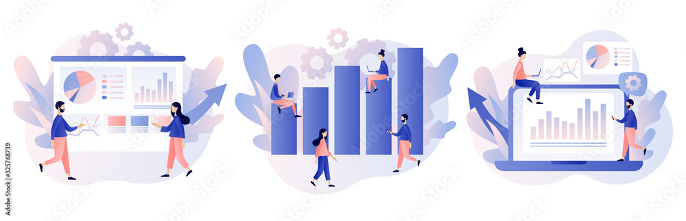 Data analytics consept. Business analysis. Tiny people are studying the infographic. Modern flat cartoon style. Vector illustration on white background - obrazy, fototapety, plakaty 