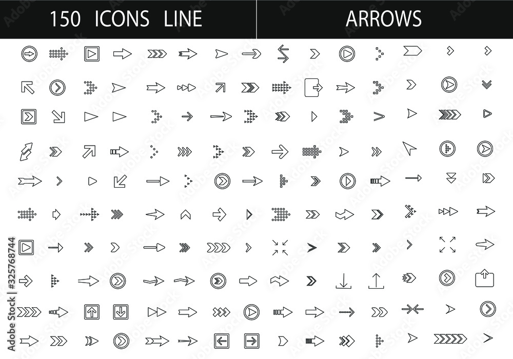 Arrows set of 150 black line icons. Arrows icon design thin outline style. The modern simple pictogram is minimal, flat, solid, simple, modern style.
