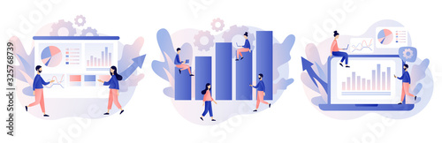 Data analytics consept. Business analysis. Tiny people are studying the infographic. Modern flat cartoon style. Vector illustration on white background