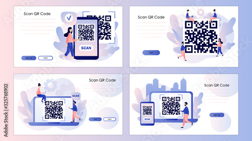 QR Code scanning concept. Tiny people scan code using smartphone. Screen template for mobile smart phone, landing page, template, ui, web, mobile app, poster, banner. Modern flat cartoon style.Vector
