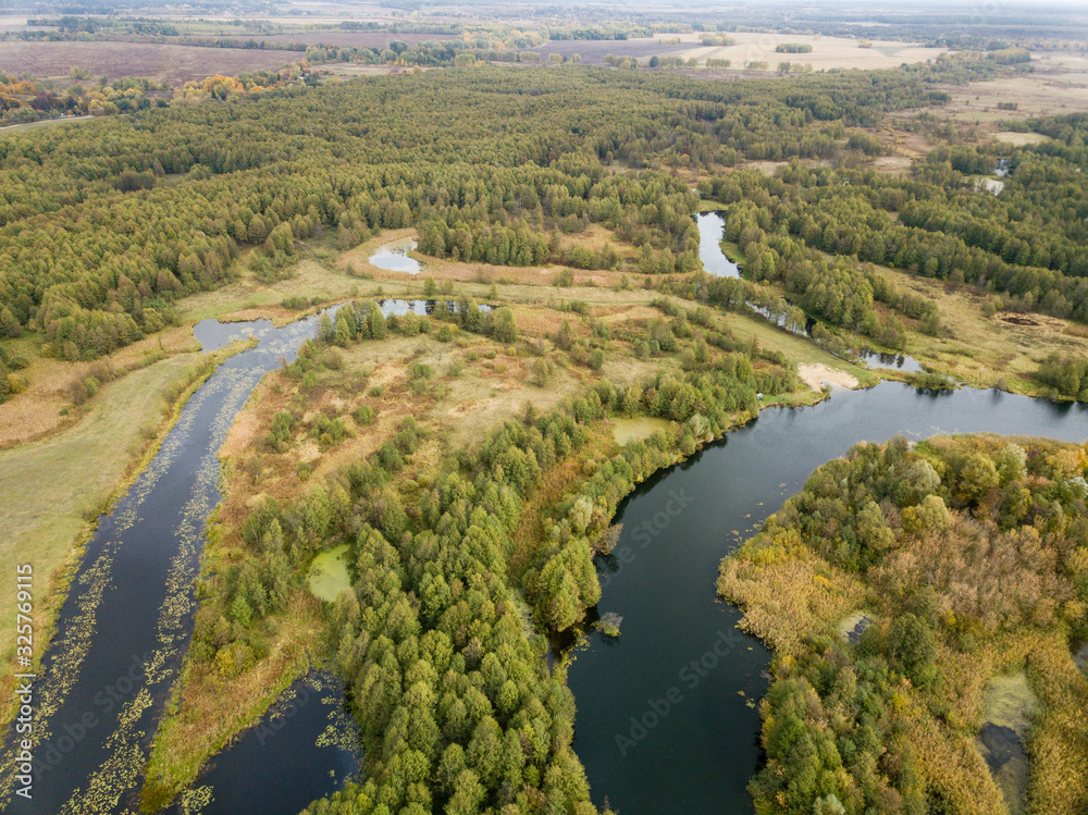 Naklejka premium Aerial view of river Snov in autumn near village of Sednev, Ukraine.