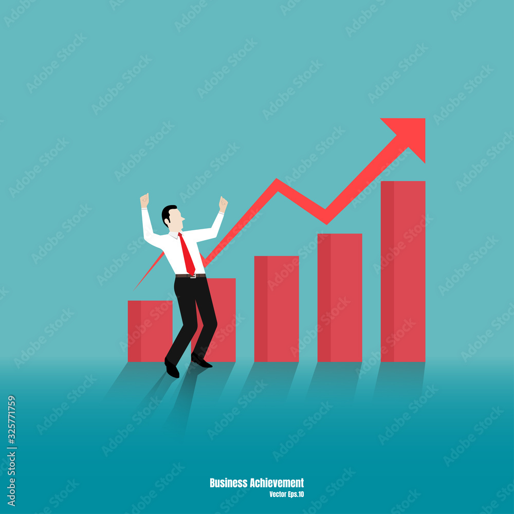Growth concept with happy businessman on chart bar Growth concept with happy businessman on chart bar