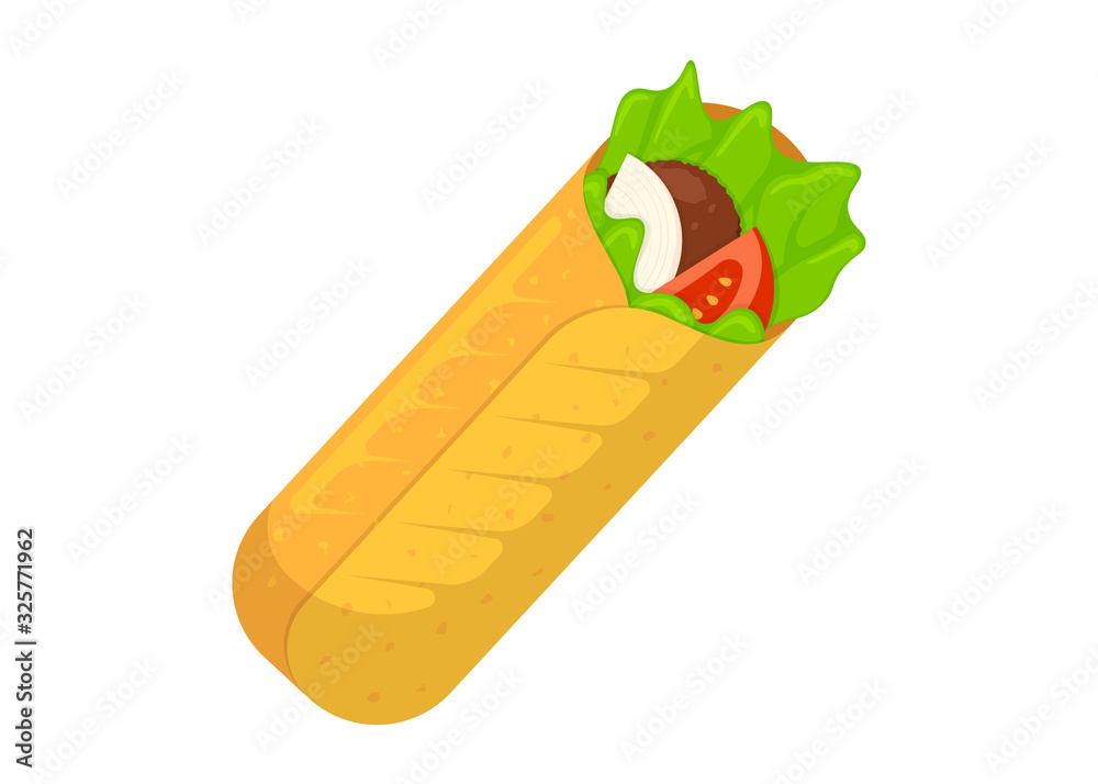 Shawarma fast food meat roll. Arabic eastern toasty doner kebab meal. Cartoon shaurma or burrito vector illustration Shawarma fast food meat roll. Arabic eastern toasty doner kebab meal. Cartoon shaurma or burrito vector illustration
