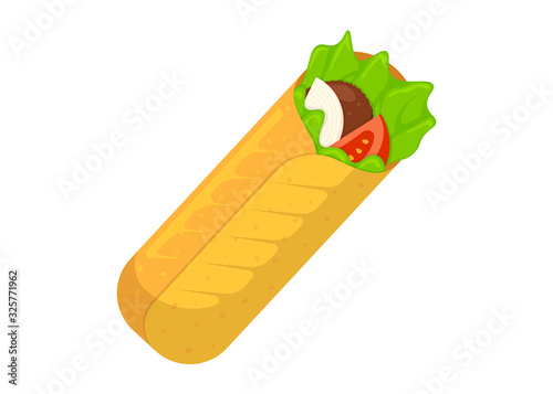 Shawarma fast food meat roll. Arabic eastern toasty doner kebab meal. Cartoon shaurma or burrito vector illustration