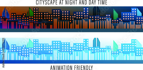 Cityscape panorama view at night and day time. Modern urban landscape with skyscrapers and buildings. Come by landmark background animation friendly