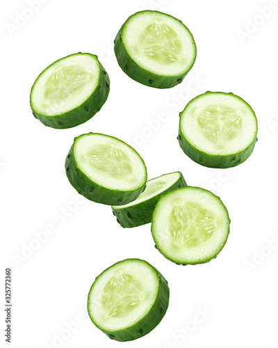 Fotografia Falling cucumber slice isolated on white background, clipping path, full depth o