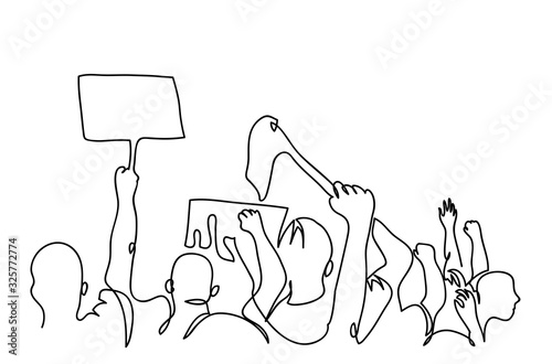 Protesters crowd simple black and white vector backview. One continuous line drawing, illustration, background.