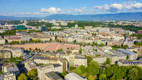 Geneva, Switzerland. Flight over the central part of the city. Plen de Plenpale Square, Aerial View photo