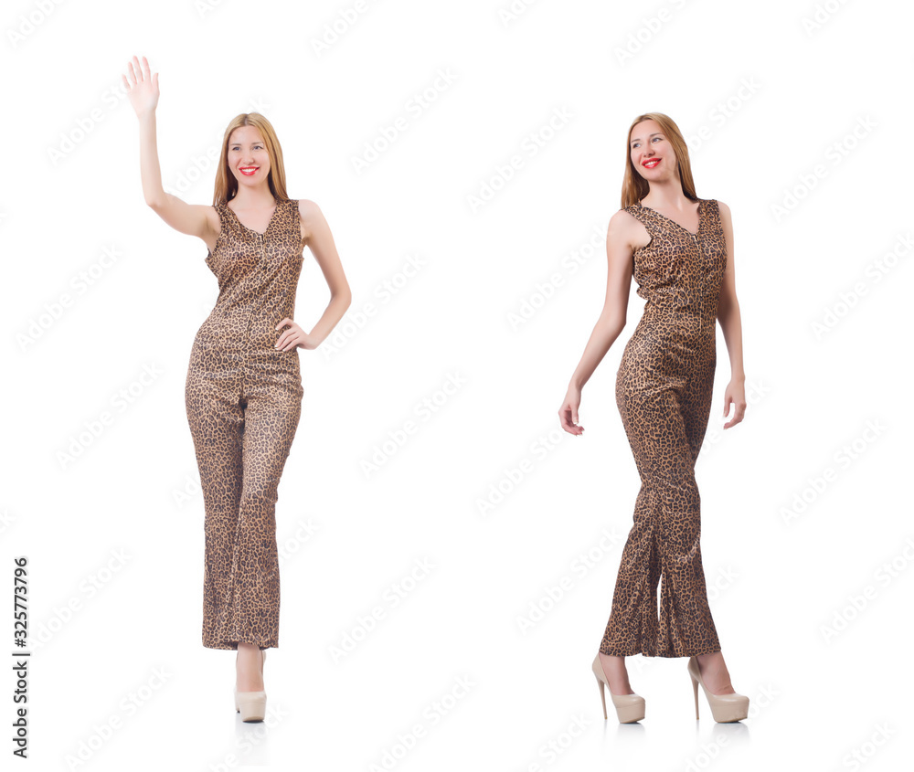 Female model in tiger clothing on white Female model in tiger clothing on white