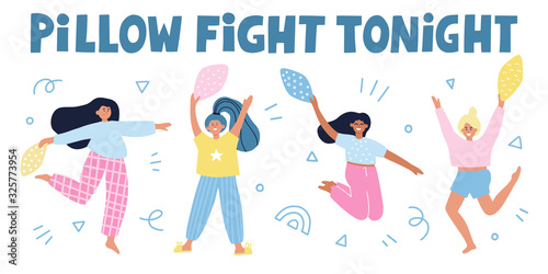 Pillow fight tonight quote. Girls with pillows cartoon illustration. Hand drawn vector concept for banner. Pajama party.