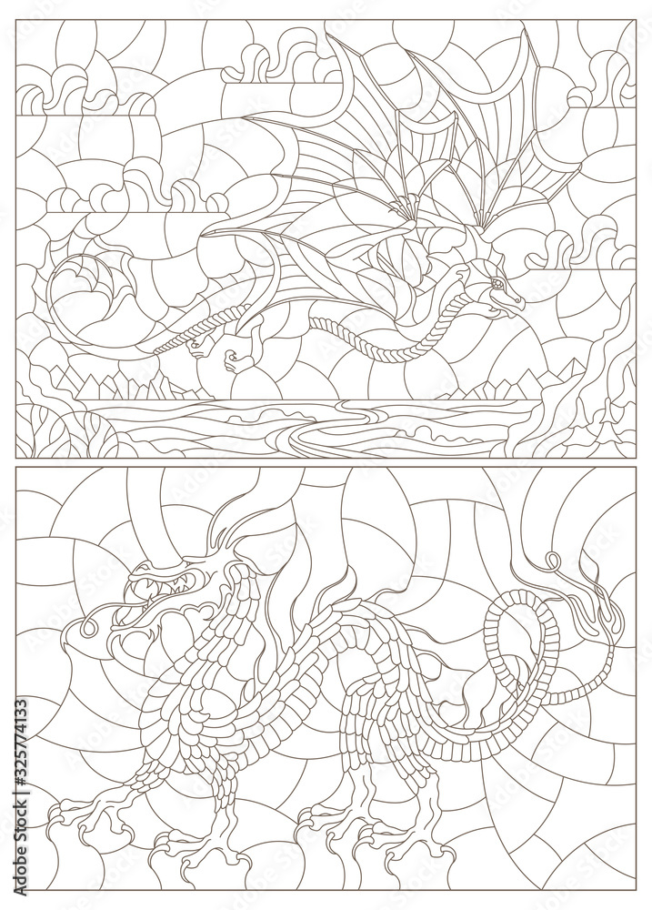 Set of contour illustrations in stained glass style with flying dragons on the background of landscapes and sky, dark contours on a white background