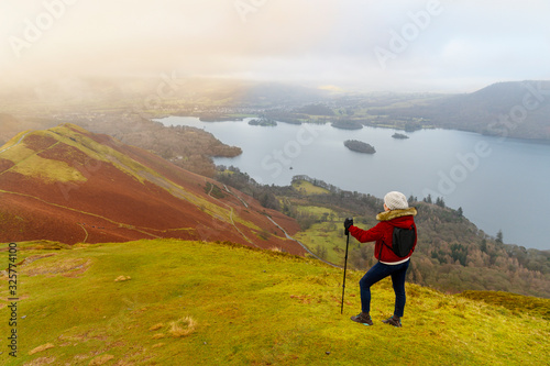 Hikers walking on top of Cat Bells in Lake District, United Kingdom