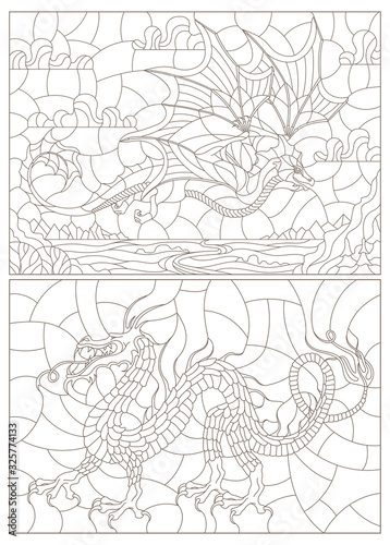 Set of contour illustrations in stained glass style with flying dragons on the background of landscapes and sky, dark contours on a white background